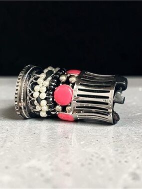 Chunky Multi Strand Stack Bracelet Cuff Pink Faux Pearl Silver Tone Beaded Boho